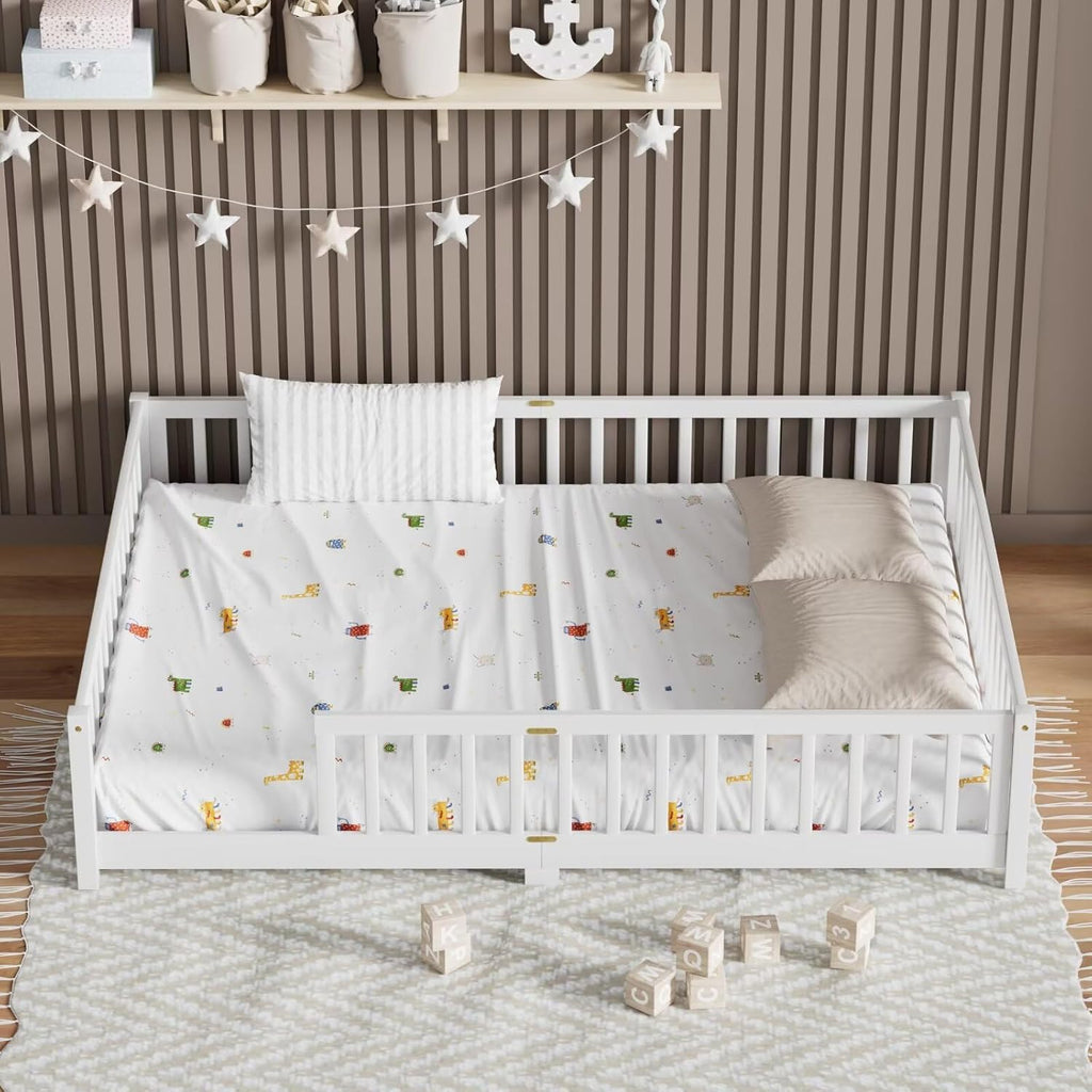 Floor Bed for Teenager, Solid Wood Multifunctional Bed Frame with Safety Guardrails, Without Door, Easy