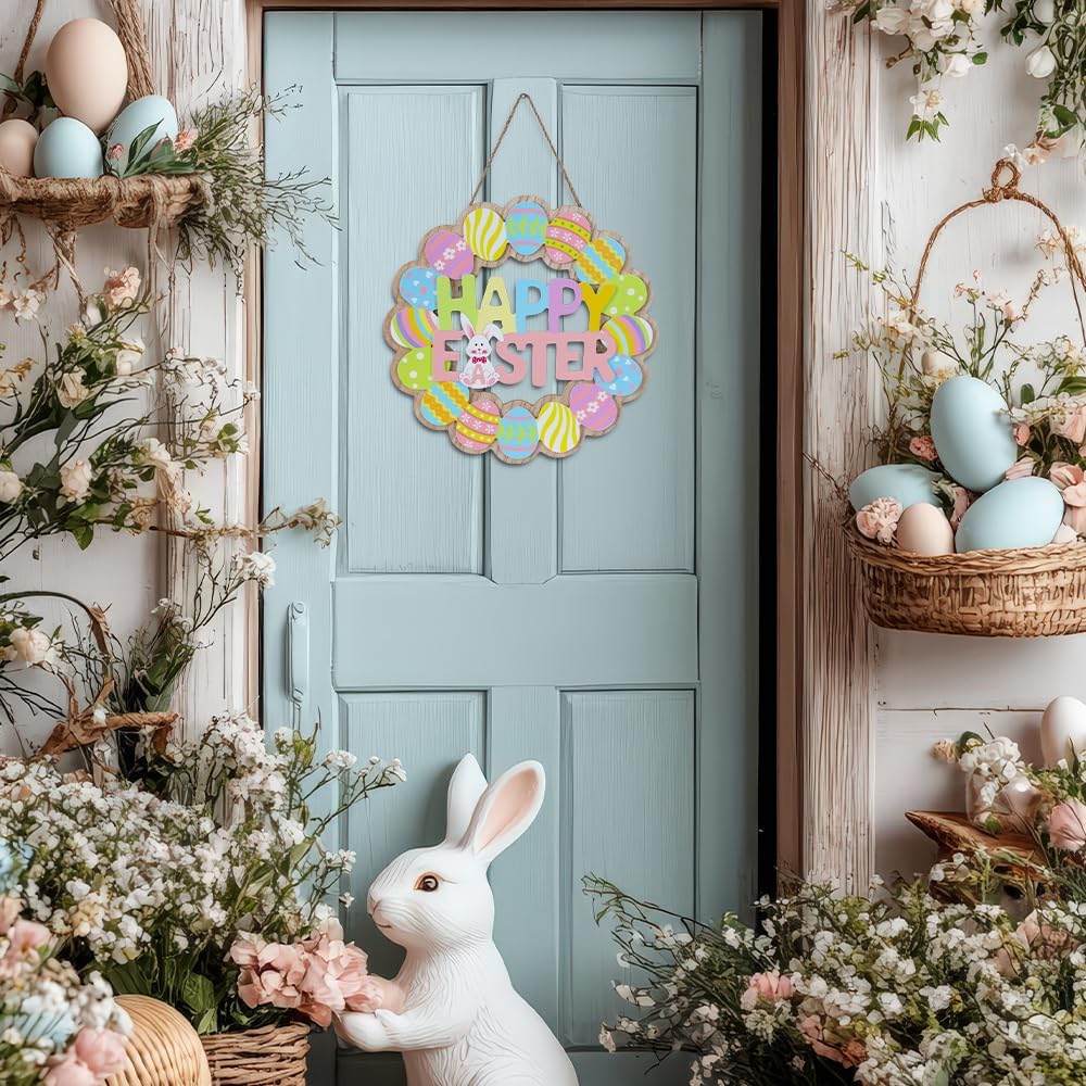 Easter Decorations, Wooden Bunny Eggs Wreaths for Front Door Sign, Happy Easter Wood Wall Signs Hanging Crafts Spring