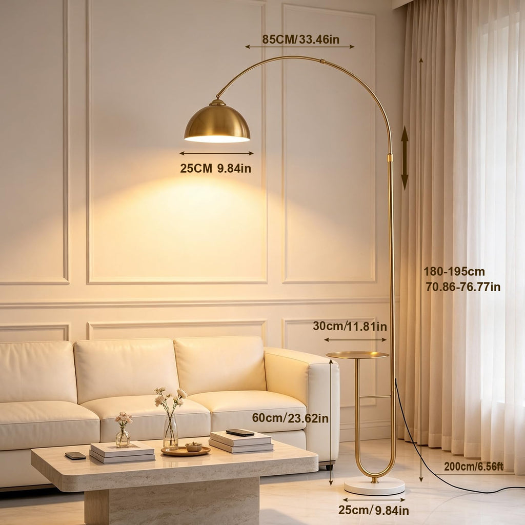 Gold Arc Floor Lamp with Table, Stepless Dimming & Remote, E26 Bulb Included