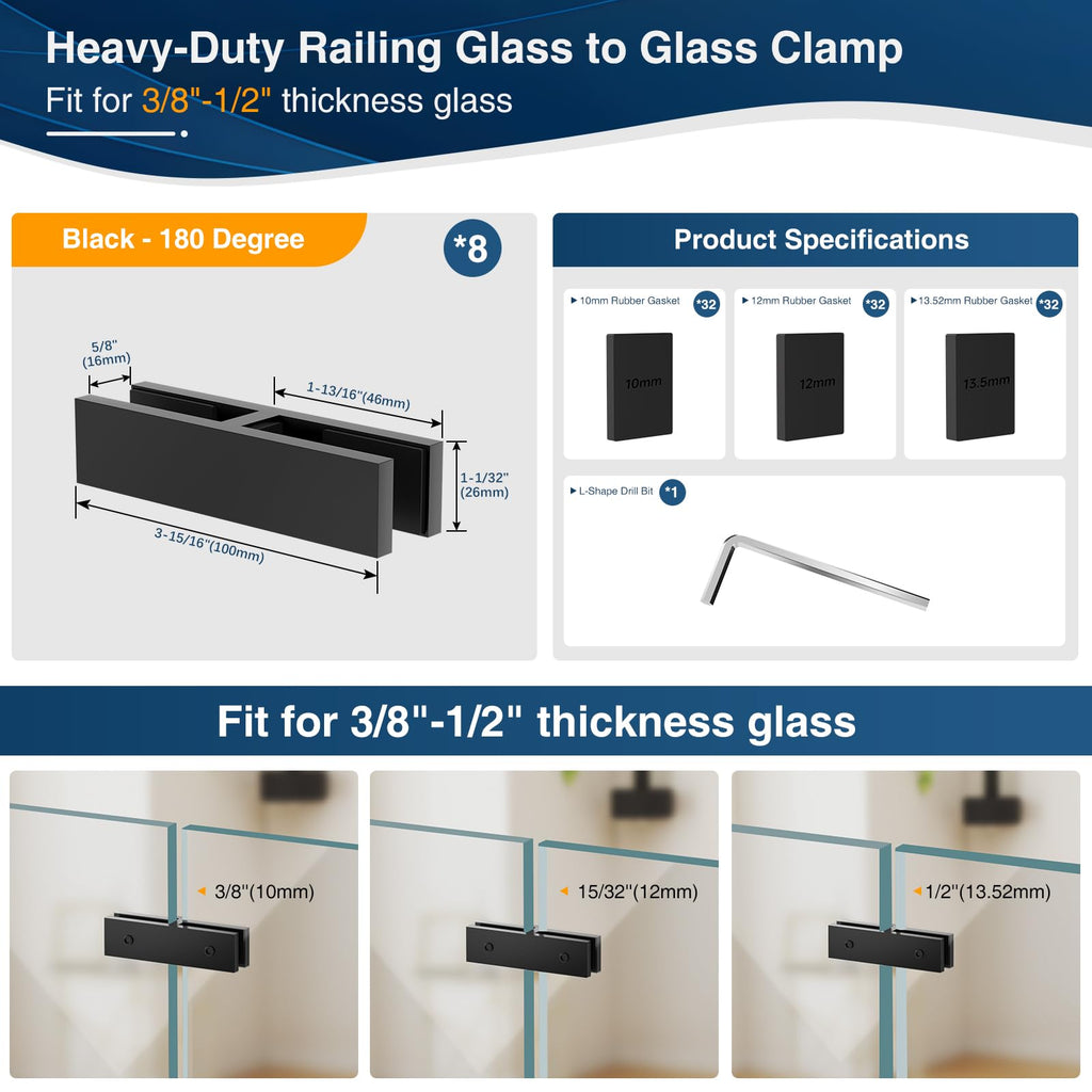8 Pack Black Railing Glass to Glass Clamp, 180° Double Side Clamps