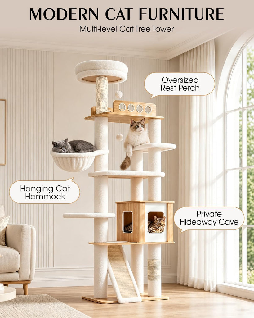 70" Wood Cat Tree for Large Cats, Tall Cat Tower, Reinforced Base