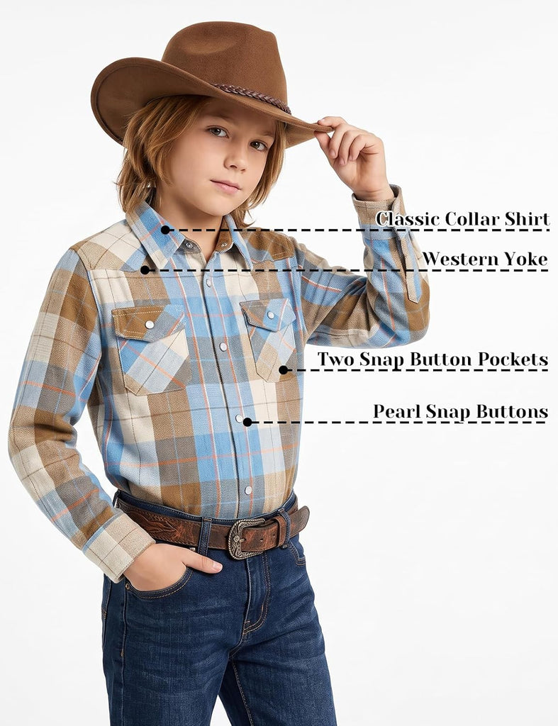 Boys Western Pearl Snap Flannel Plaid Button Down Shirts