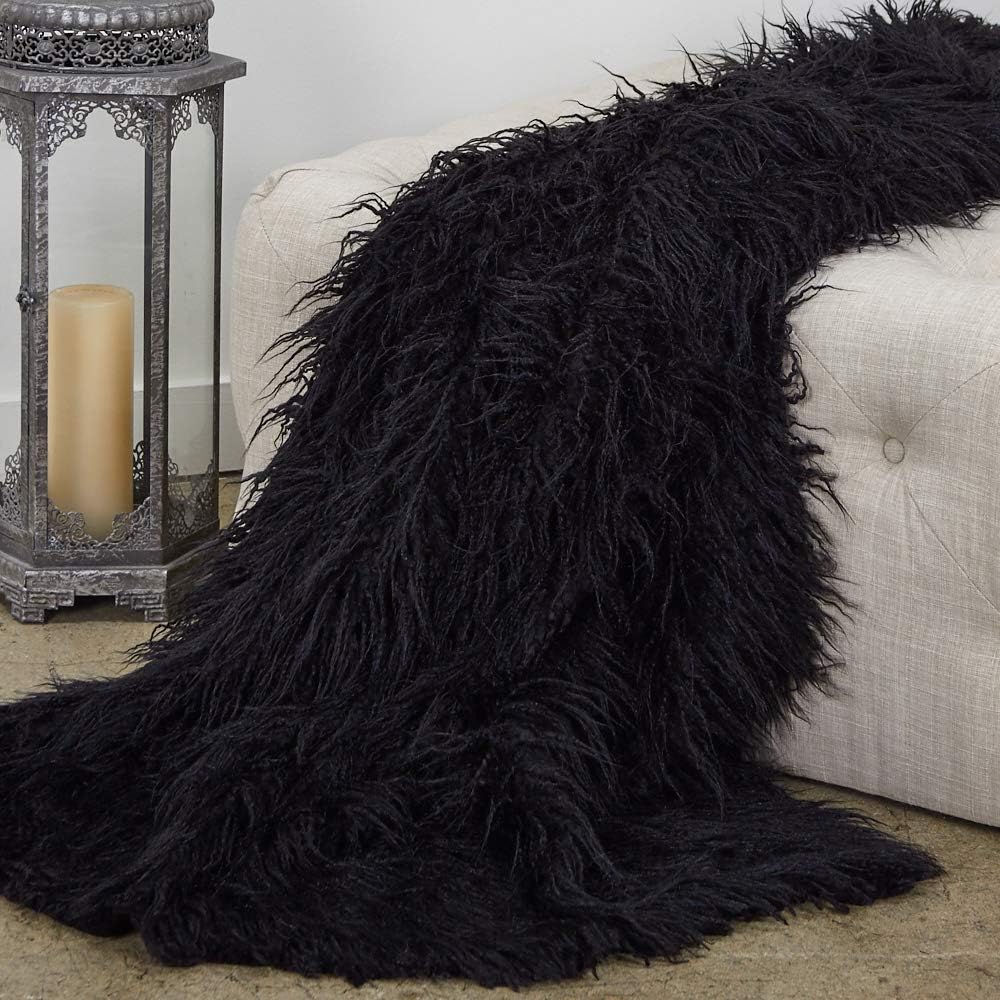 Designer Faux Fur Throw Blanket -Long Hair Luxury Fur - Charcoal Black