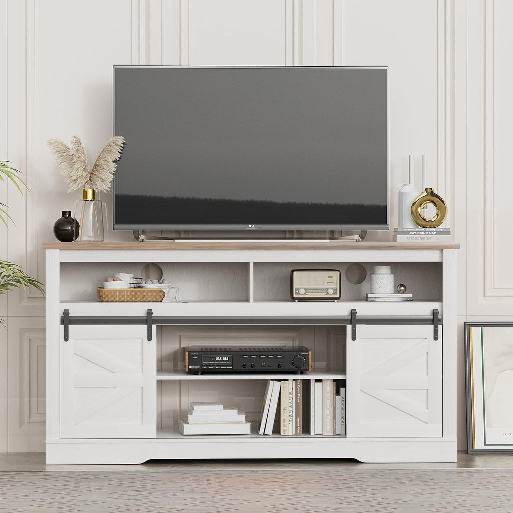 For TVs up to 65", Farmhouse Media Console, White | White Electric Fireplace TV Console with Storage Cabinets &