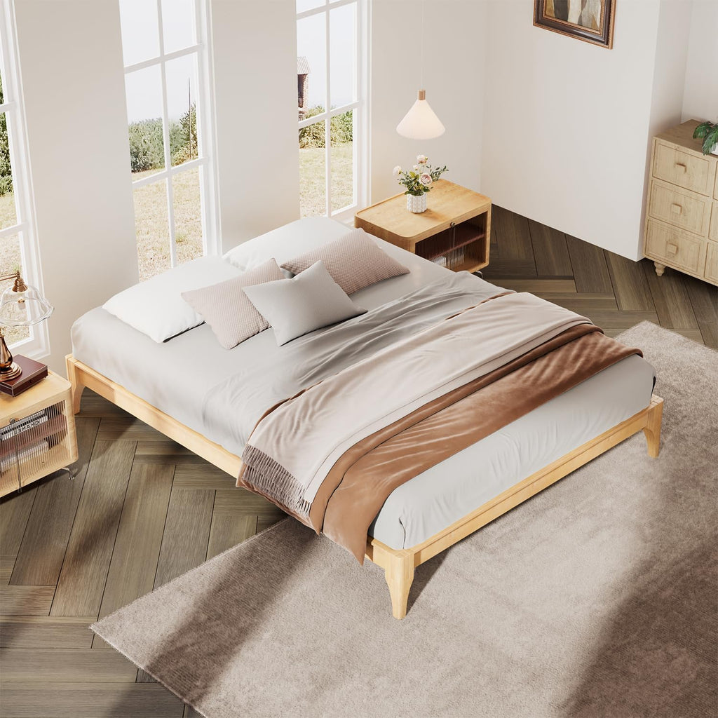 Japanese Natural Bamboo Bed Frame, 7.3"Storage Space Wood Platform Bed, Low Profile Floating Design Without