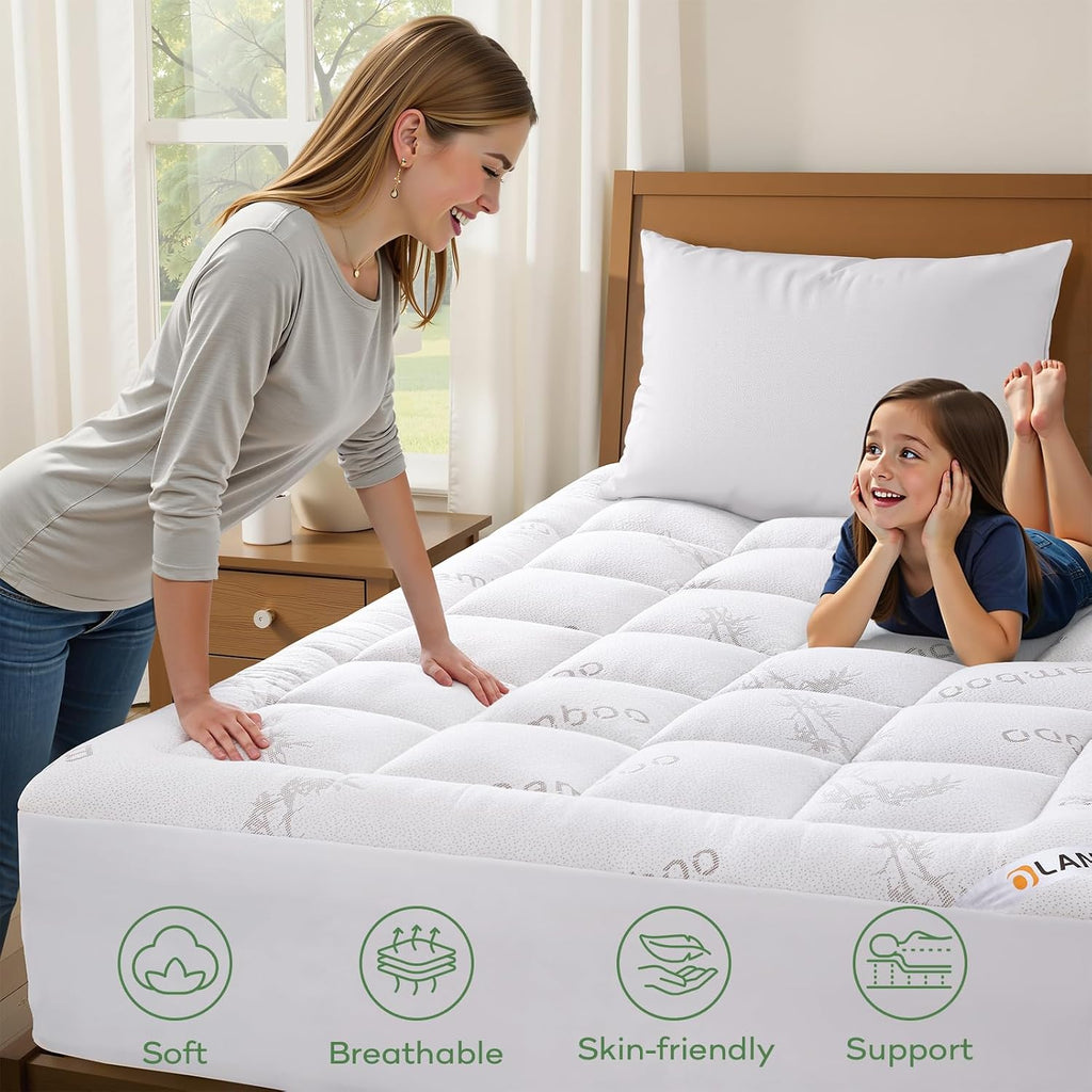 King Bamboo Viscose Cooling Mattress Topper, White | Soft Quilted Comfort, Pillow Top Mattress Pad, Plush Down
