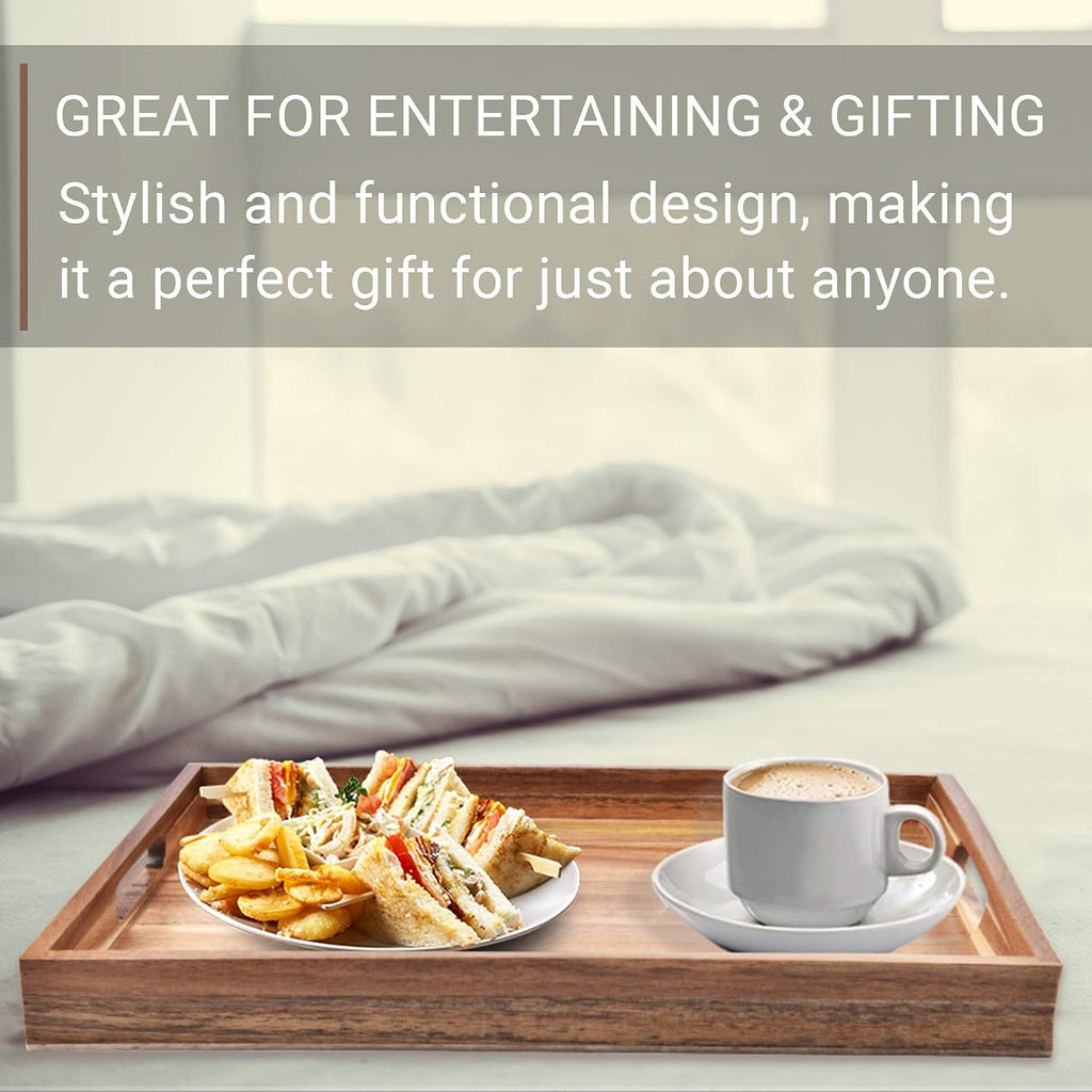 Acacia Wood Serving Tray with Handles (17 Inches) - Decorative Serving Trays Platter for Breakfast in Bed, Lunch