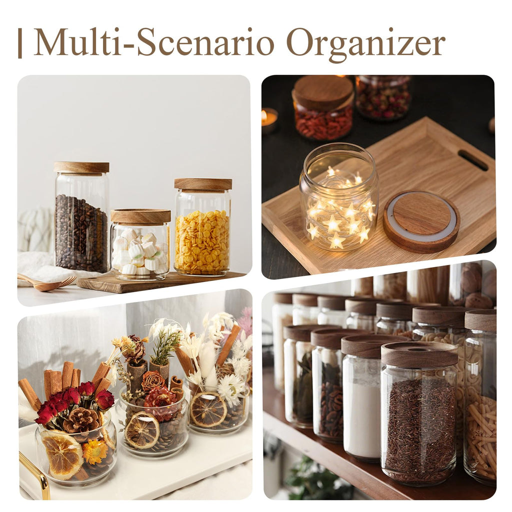 Glass Jars with Airtight Wood Lids - 17 oz Small Kitchen Pantry Storage Containers, Stackable Decorative Canisters