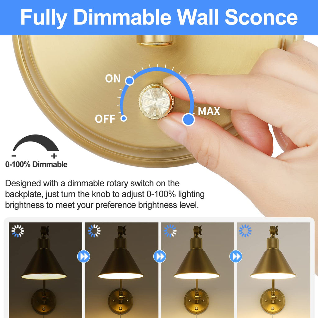 Wall Sconces Plug in, Dimmable Wall Sconces Brushed Brass Swing Arm Wall Lights Plug in Wall Mounted Light Industrial