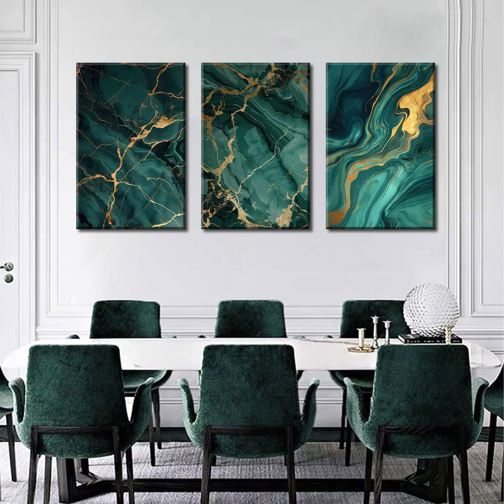 Emerald Green and Gold Canvas Wall Art Set of 3 Abstract Green Gold Marble Fluid Wall Decor Pictures Neutral Modern