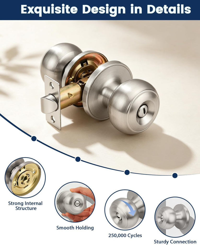 6 Pack Brushed Nickel Privacy Door Knobs Interior, Classic Round Shape Stain Nickel Bedroom Doorknobs with Lock