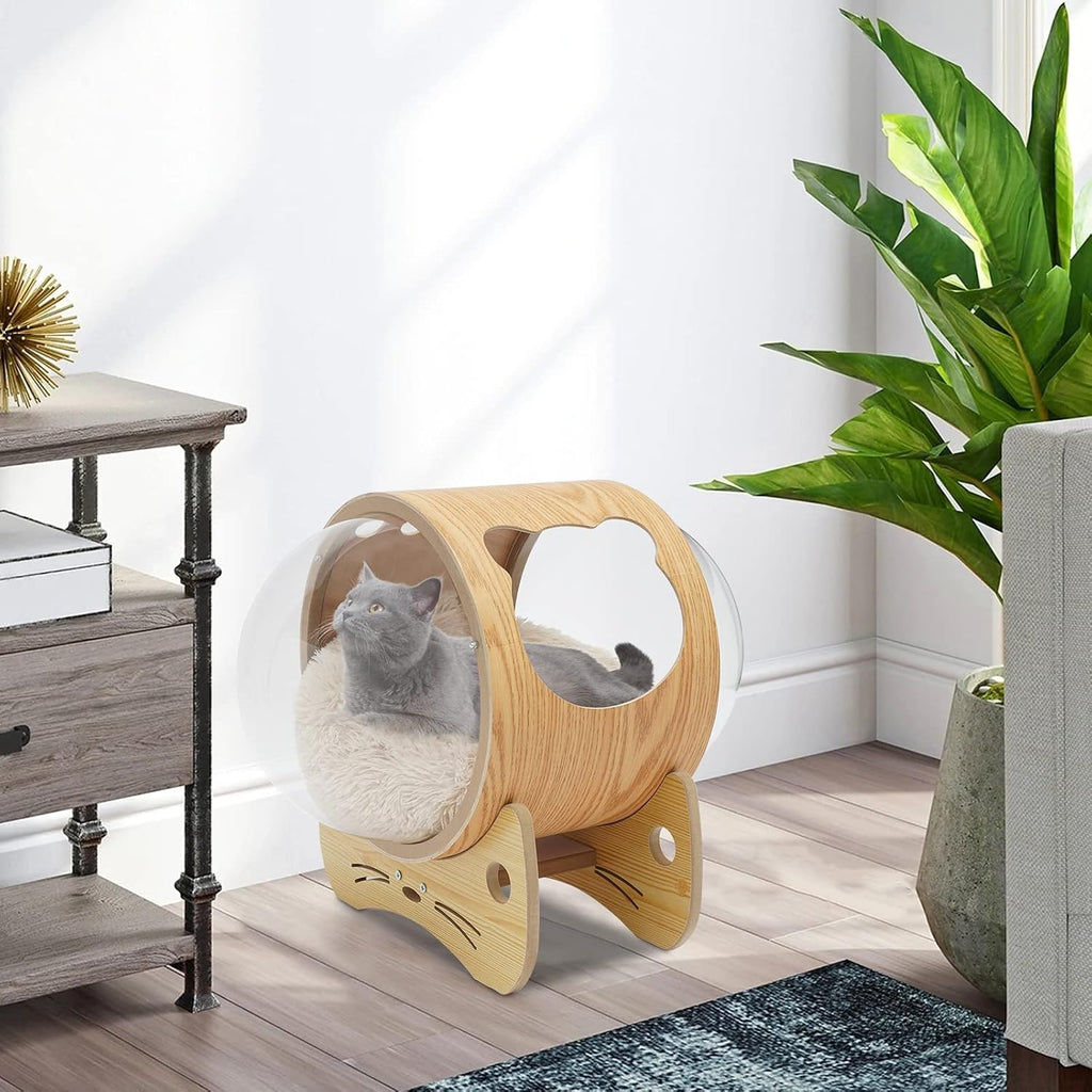 Wooden Cat Bed Capsule, Cat House Space Capsule with Cushion, Modern Pet Bed House Spaceship Space Capsule (23.6 *