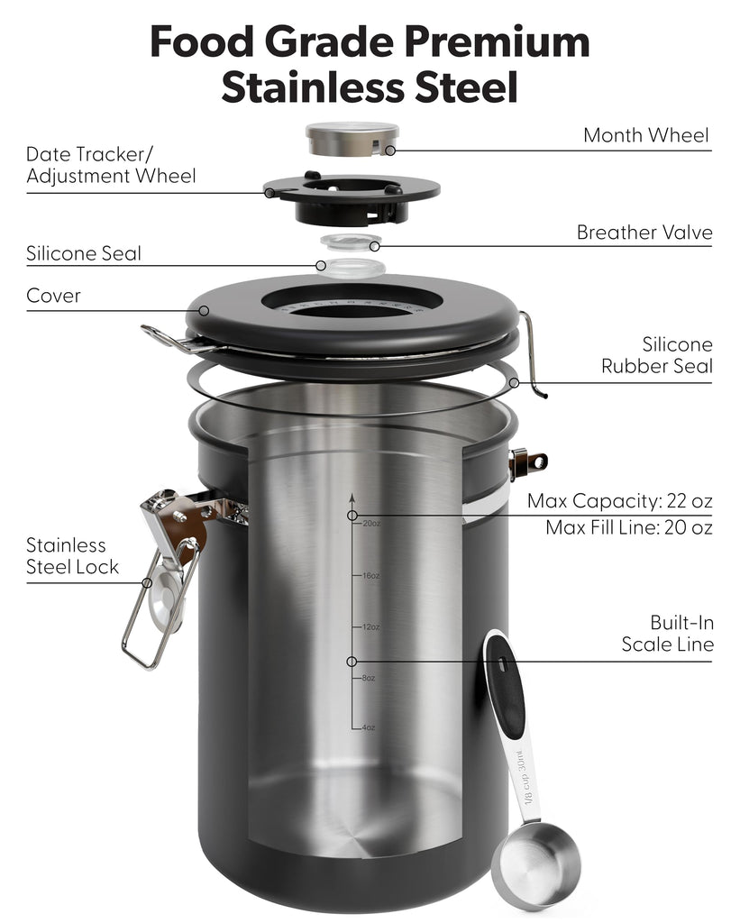 Coffee Canister with Window, Airtight Stainless Steel Container, 22OZ