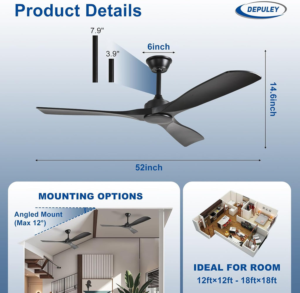 52 Inch 3 Blade Indoor Outdoor Fans for Patios - Black Ceiling Fan No Light Remote APP Control Ultra Quiet DC Motor Reversible 6 Speed Timer A101-B0C4H7H427
