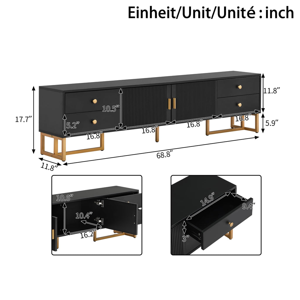 TV Stand with Storage, 68.8" Modern TV Console with 2 Doors and 4 Drawers, TV Media Console with Gold Handles and