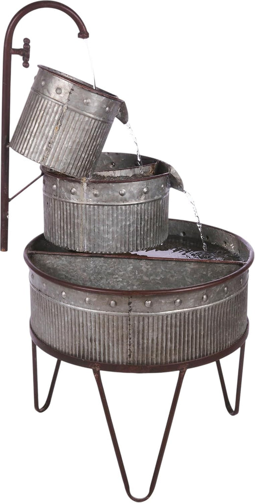 33" Outdoor Floor 3-Tier Vintage Tubs and Planters Fountain, Rustic Metal Cascading Waterfall Feature for Gardens
