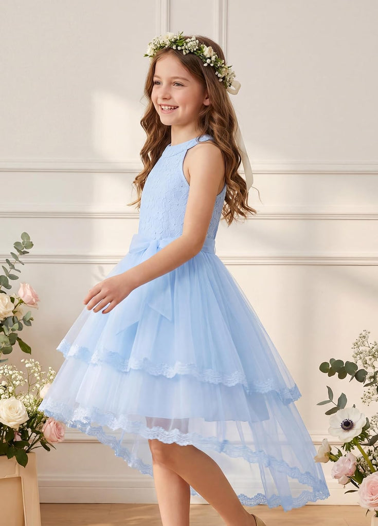 Flower Girl Dress Kids Wedding Guest Birthday Party Formal Lace Tulle Princess High Low Dresses 5