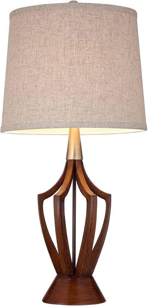 St. Claire Mid Century Modern Table Lamp 30 3/4" Tall Wood Brown Open Vase Taupe Fabric Drum Shade Living Room House