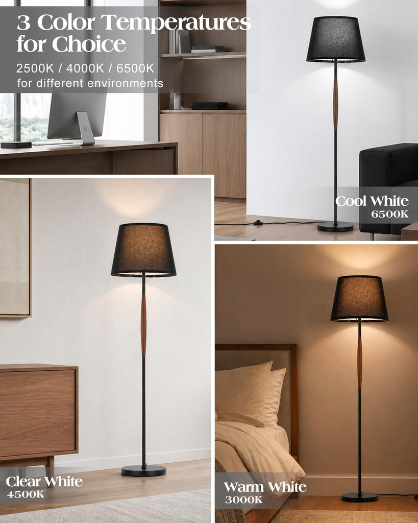 Mid Century Modern Floor Lamp, Solid Wood Reading Standing Lamp with Black Linen Fabric Shade, Vintage Corner Light