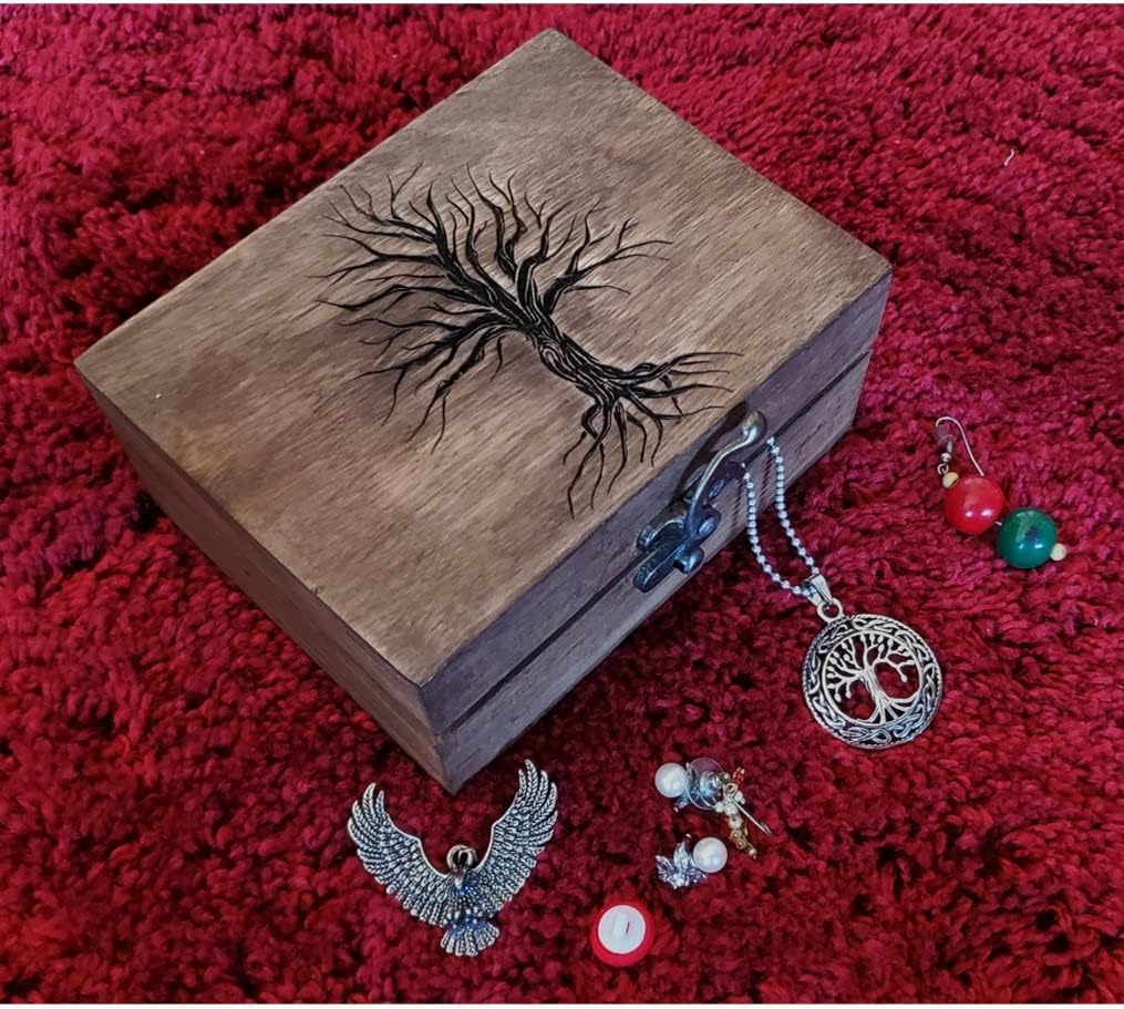 Tree of Life Engraved Wooden Decorative Box, Jewelry Box for Keepsake, Trinket Box (5.75 x 4.75 x 2.5)