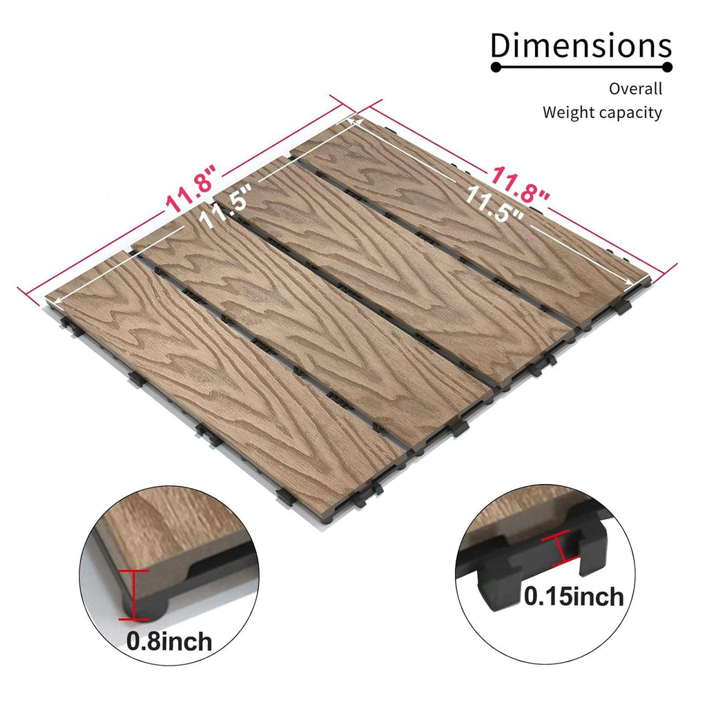 WPC Interlocking Deck Tiles 11.8" x 11.8" - Pack of 11 Wood-Plastic Composite Patio Flooring Tiles - Weather Resistant