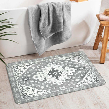 Boho Retro Bathroom Rug Gray Non-Slip Soft Bath Rug Machine Washable Oriental Bathroom Mat Traditional Farmhouse