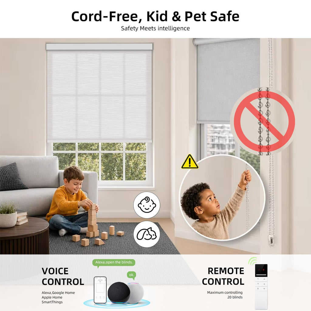 Motorized Light Filtering Blinds with Remote Light White