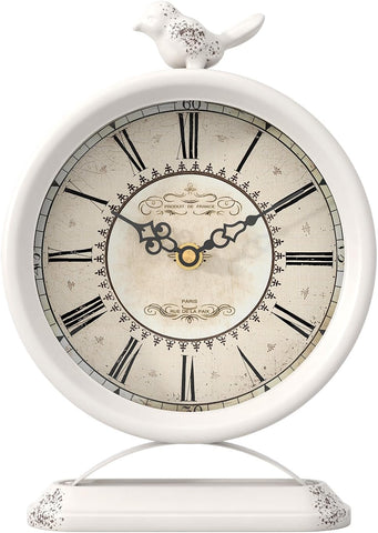 Vintage Table Clock with Bird, European Antique Style White Mantel Clocks, Desk and Shelf Decor Clock, for Farmhouse