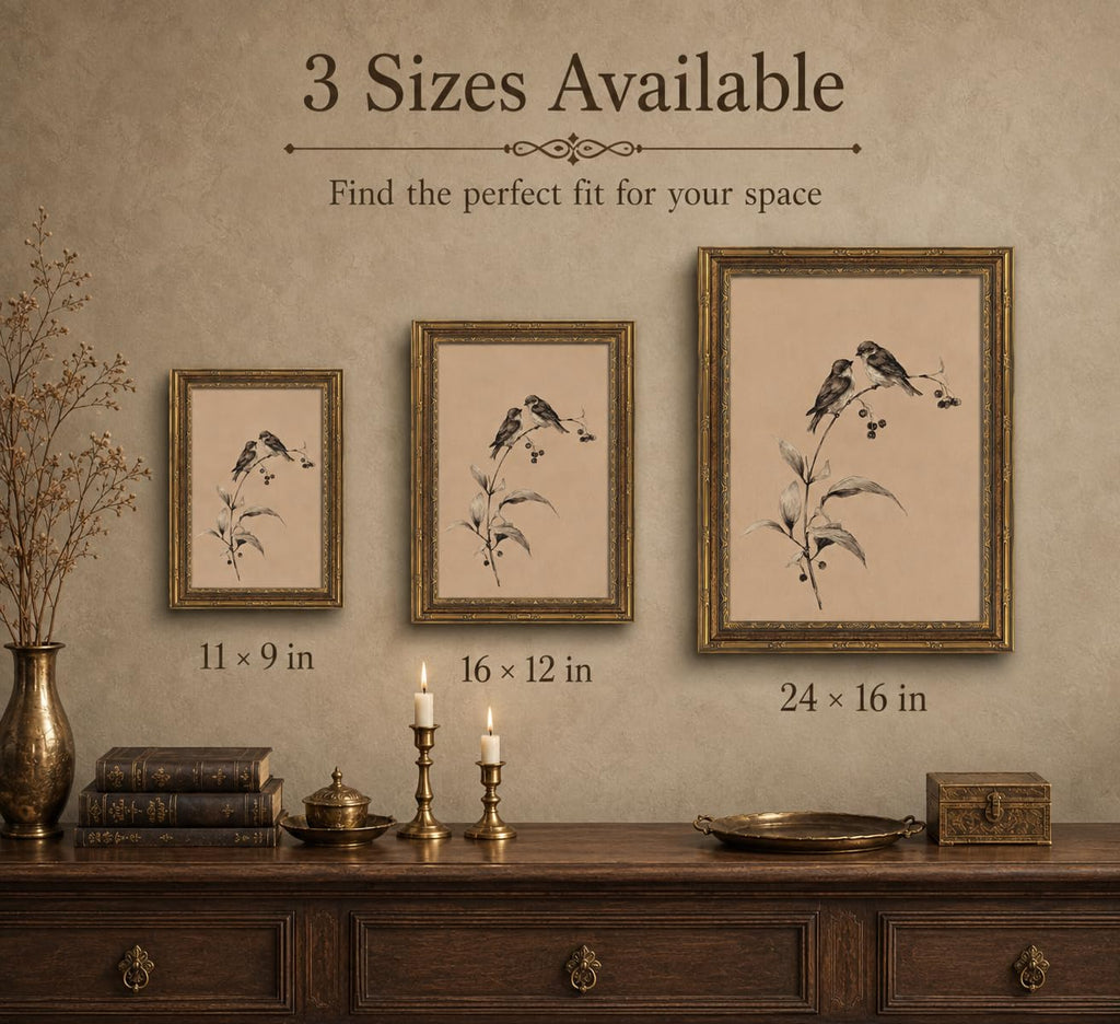 Gold Framed 3D Textured Wall Art, Vintage Sketch Birds on Branch Canvas Prints, Minimalist Love Bird Pictures Decor