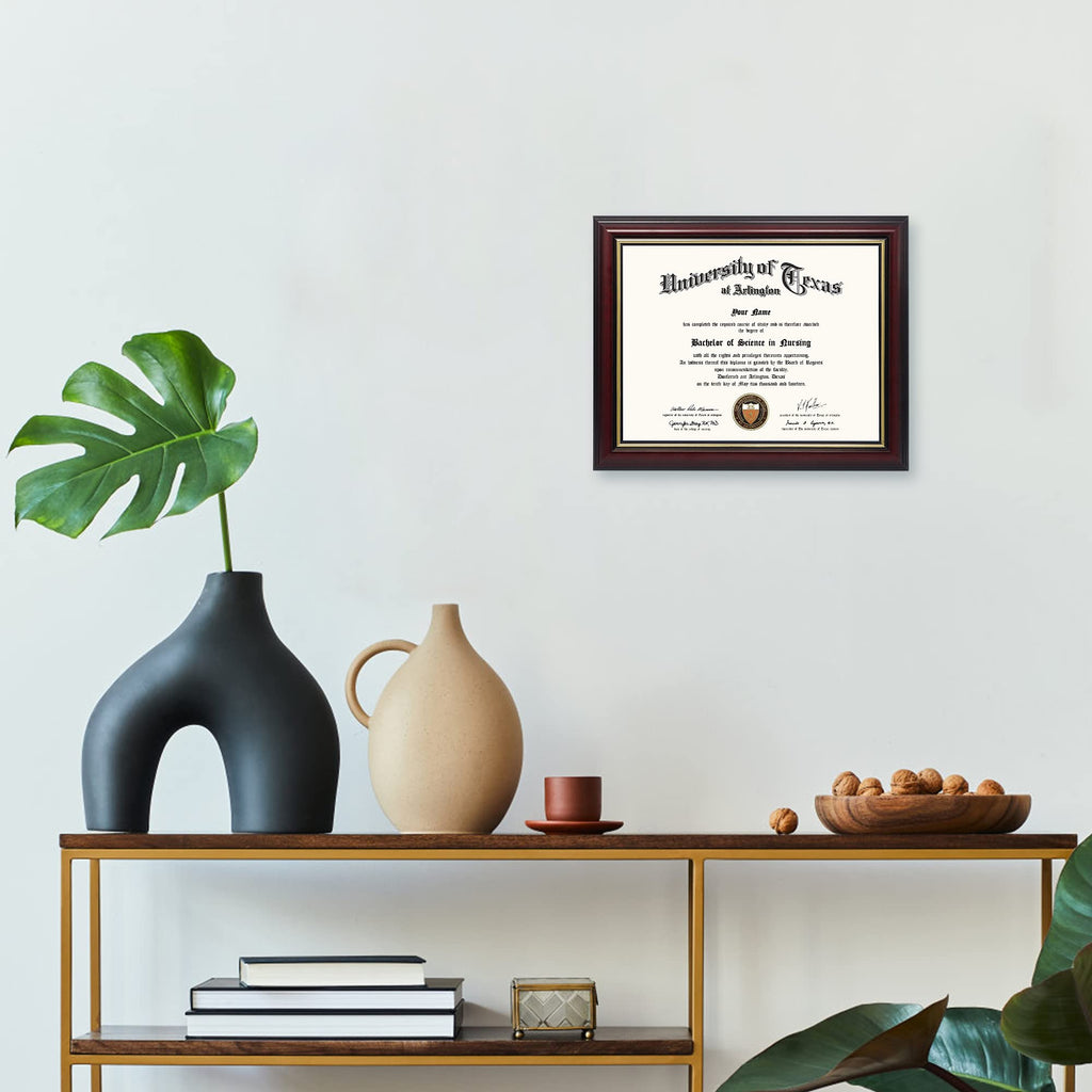 8.5x11 Certificate Diploma Frame, Solid Wood & UV Protection Acrylic, Cherry Finish with Gold Trim