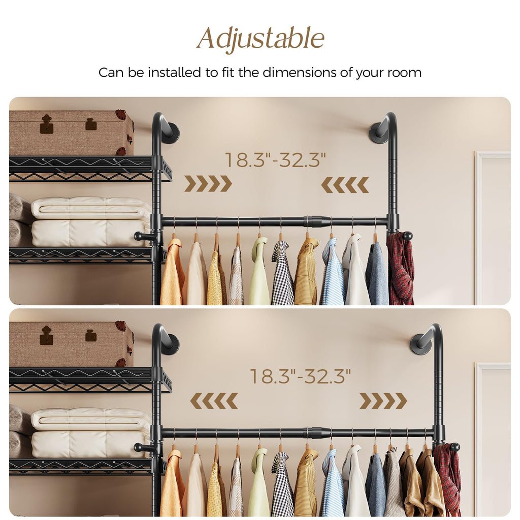 Closet Organizers Wall Mounted Closet System, 3-Row Heavy Duty Garment Clothes Rack, Industrial Pipe Clothing Rack