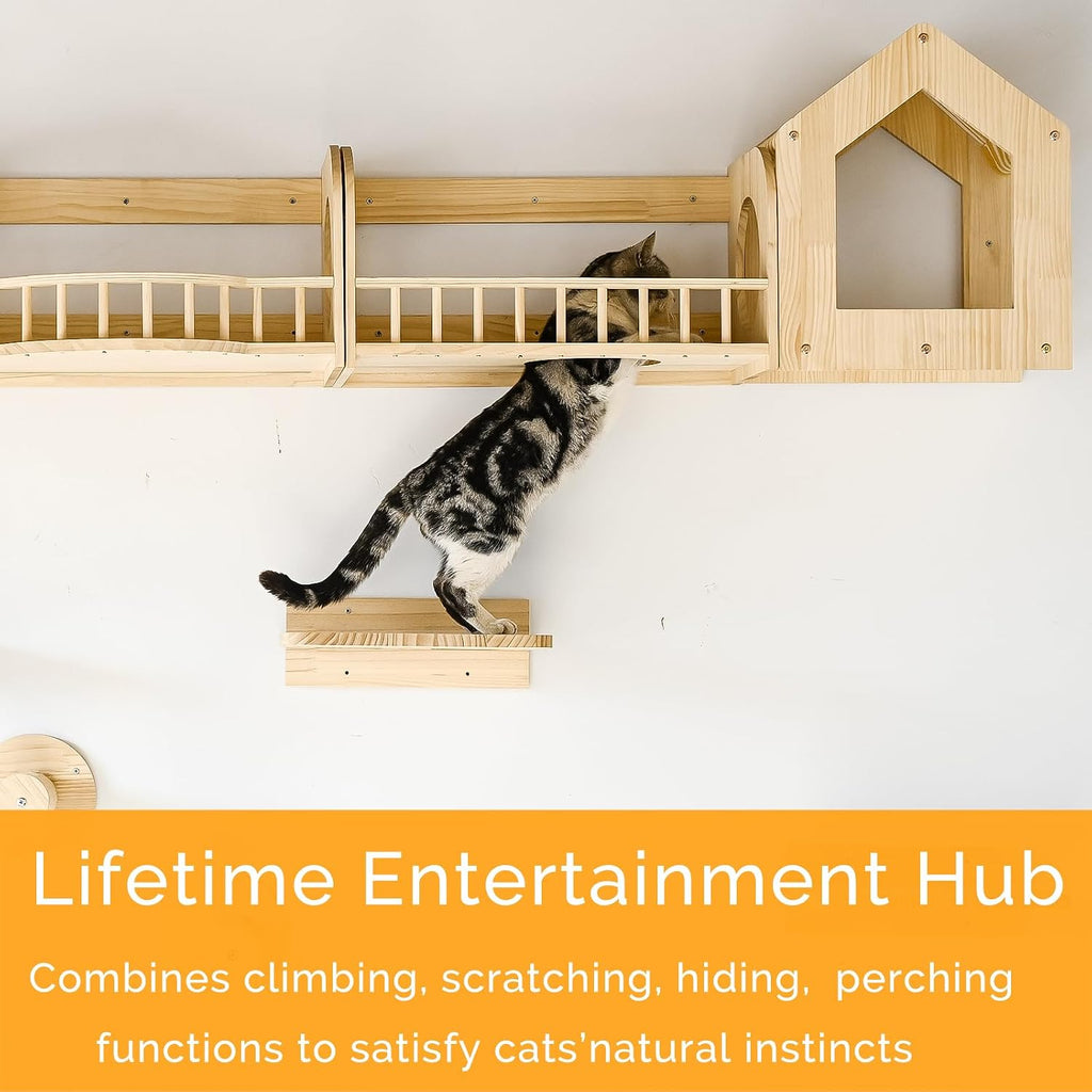 Cat Wall Shelves and Furniture Set with Condos, Perches, Bridge Ladders, Sisal Scratching Posts - Steps and Houses