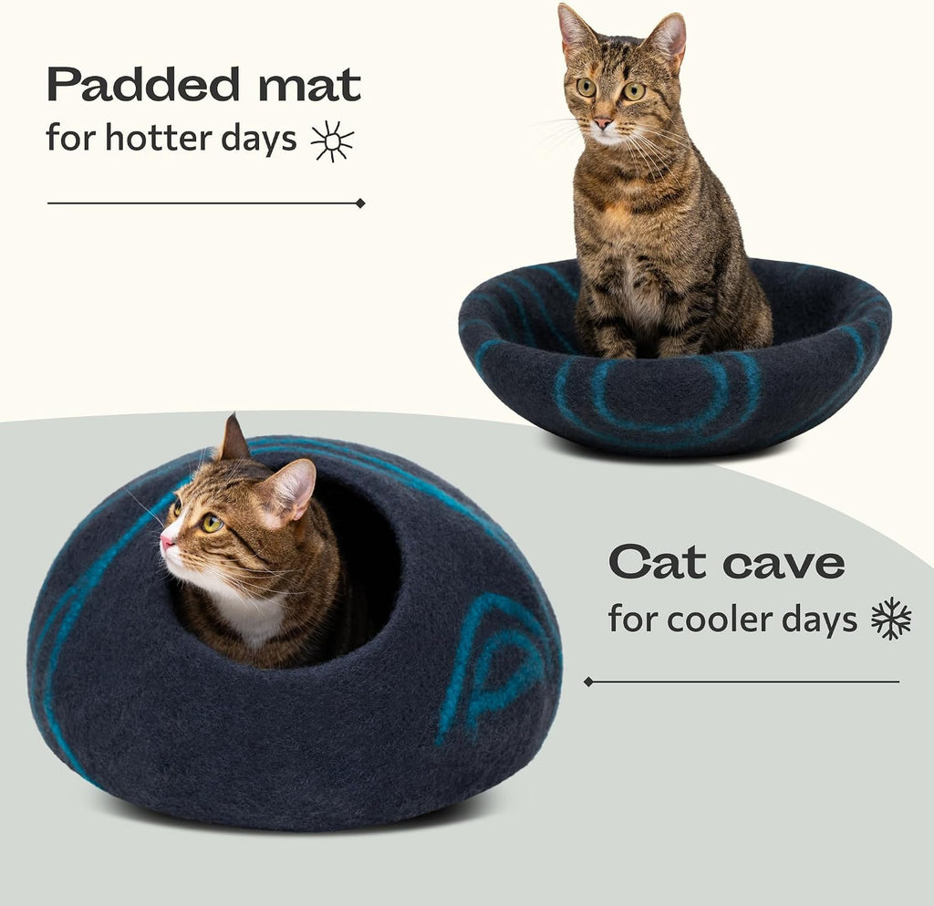 Cat Cave - Merino Wool Bed for Indoor Cats (Back Aqua, Medium)