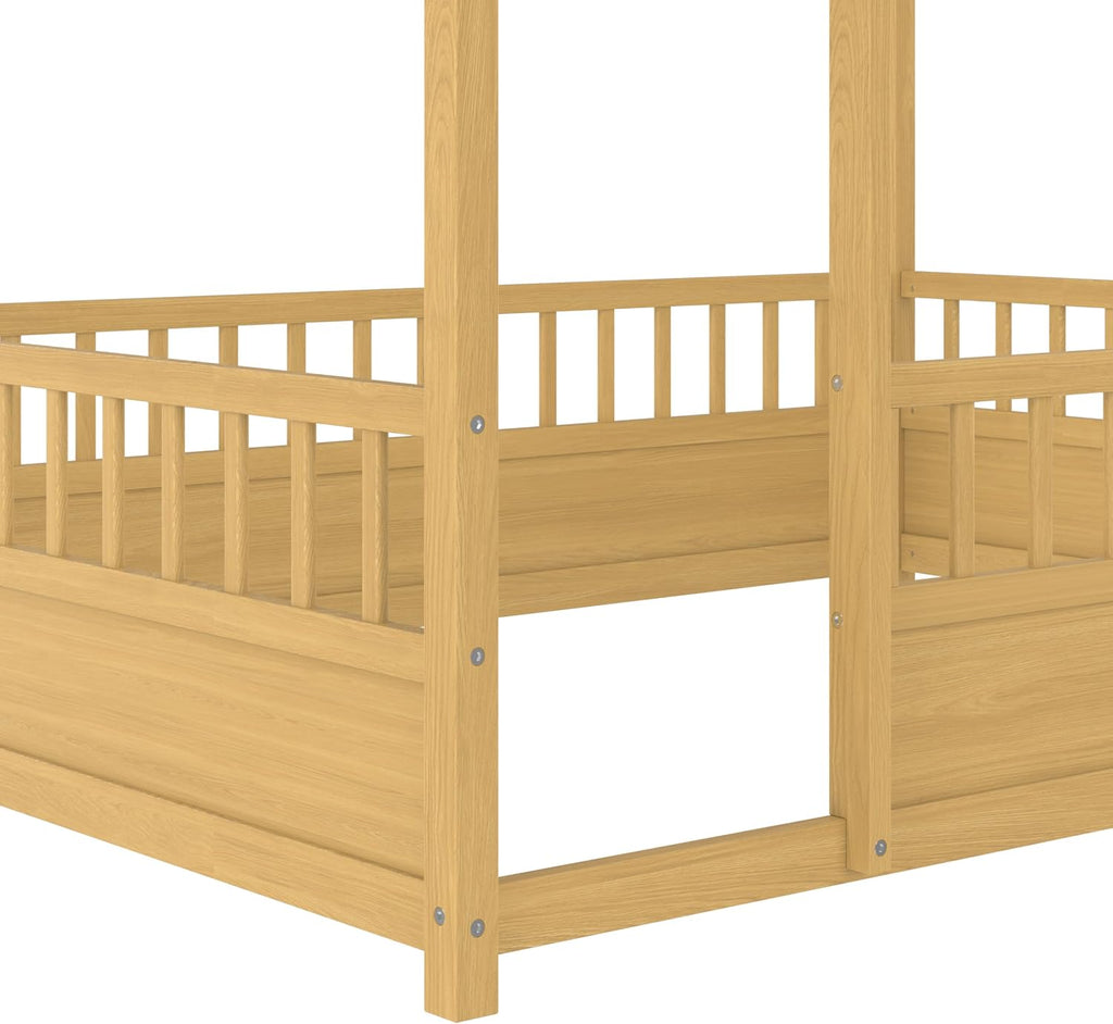 House Bed Frame with High Fence, Natural