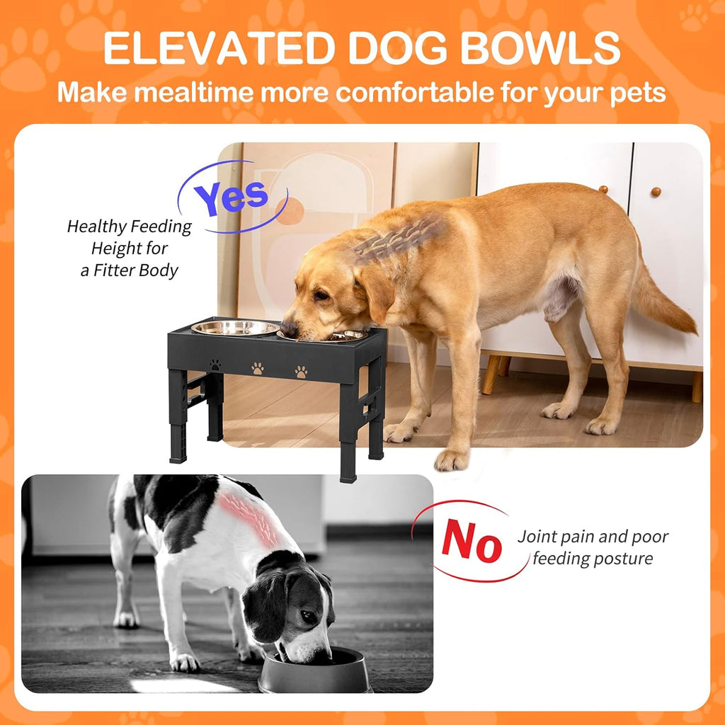 Elevated Dog Bowls with 2 Stainless Steel Bowls, 5-Height Adjustable Stand (3.1", 9" to 12"), for Improved Digestion