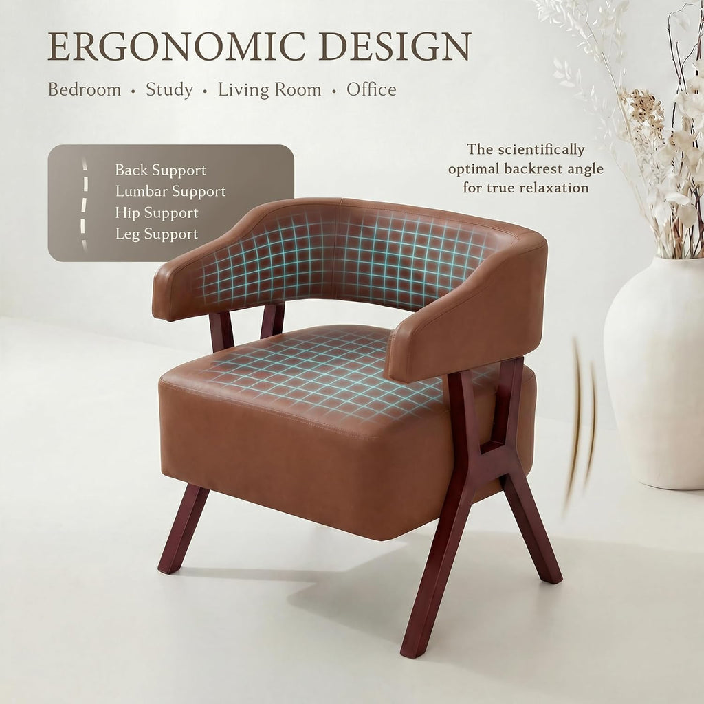 Faux Leather Barrel Accent Chair with Solid Wood Frame (Brown,2) - Set of 2