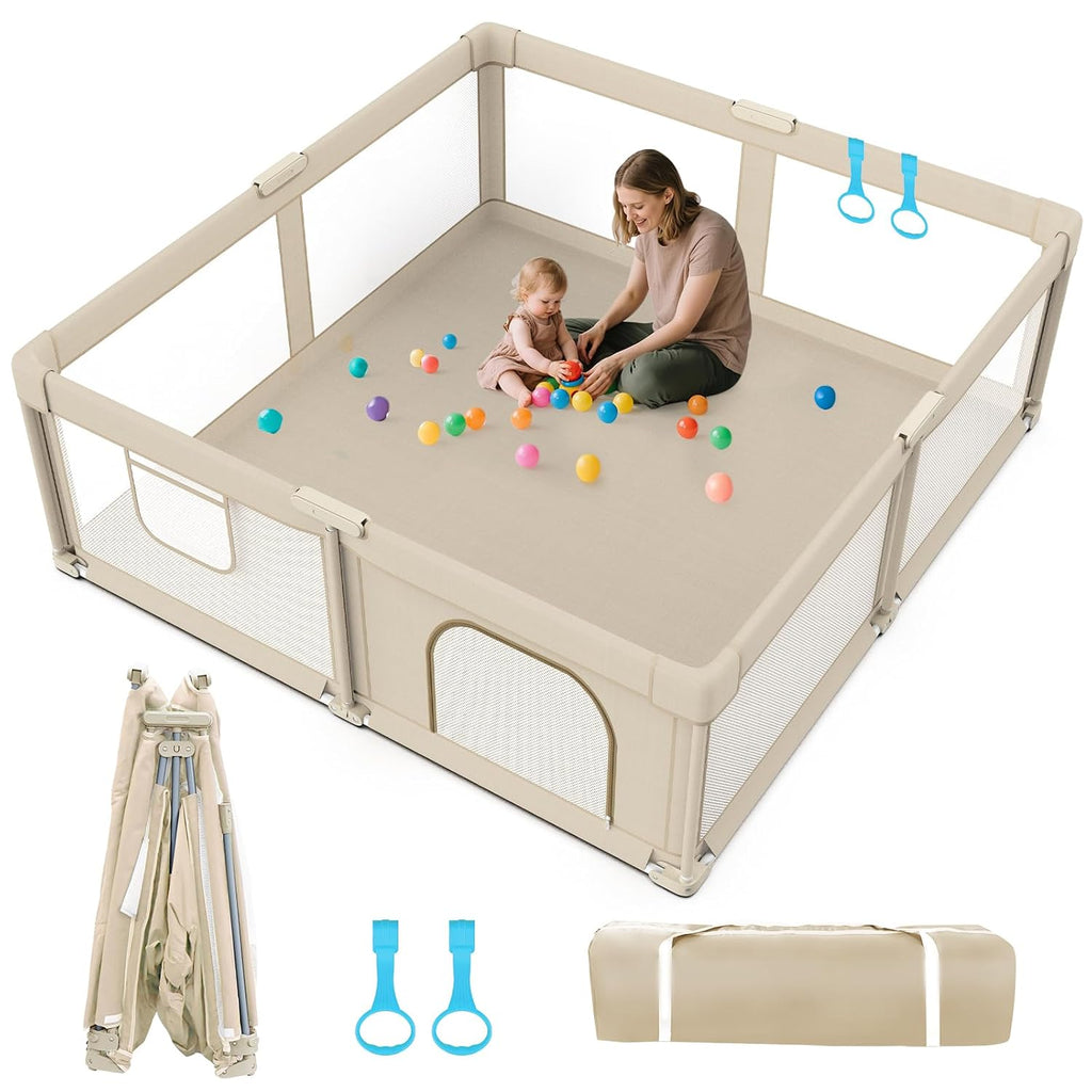 Baby Playpen 50"x50" for Toddlers Play Yard with Pull Up Rings and Gate