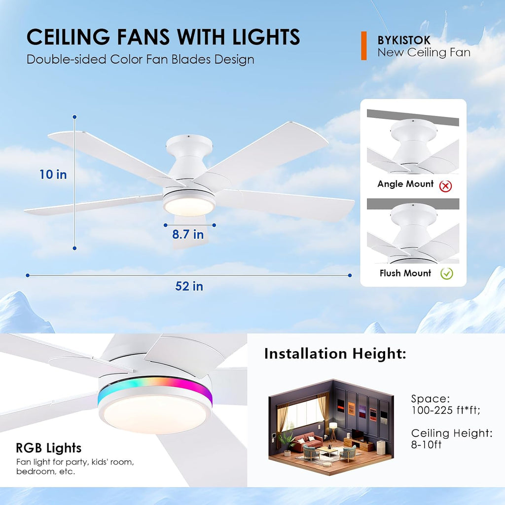 52" Flush Mount RGB Ceiling Fans with Lights - White Low Profile Ceiling Fan Light with Remote/APP, RGB+3CCT 6 Wind Speeds and Reversible, Modern Fan Light Fixture for Party, Kiad's Room A101-B0DTH6C8CD