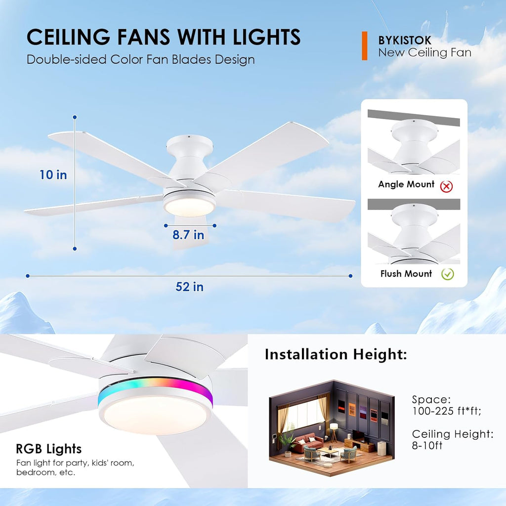 52" Flush Mount RGB Ceiling Fans with Lights - White Low Profile Ceiling Fan Light with Remote/APP, RGB+3CCT 6 Wind Speeds and Reversible, Modern Fan Light Fixture for Party, Kiad's Room A101-B0DTH6C8CD