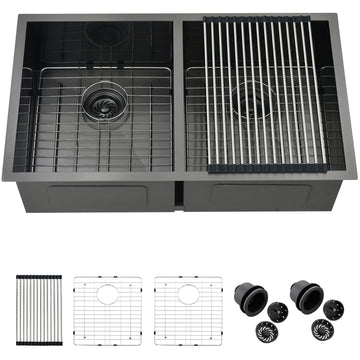 32 Black Double Bowl Kitchen Sink Undermount, 32 x 19 x 10 Inches 16 Gauge T304 Black Stainless Steel Double Bowl