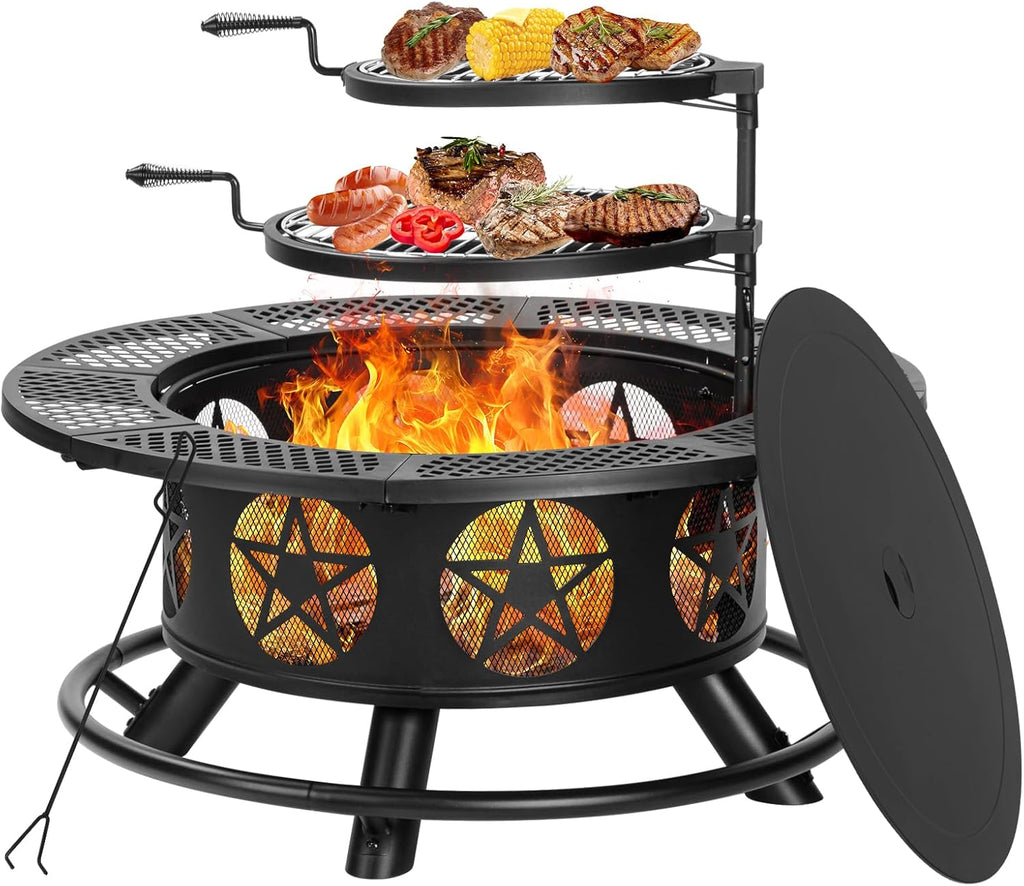 36 Inch Fire Pit with 2 Grills, Wood Burning Fire Pits for Outside with Lid & Poker