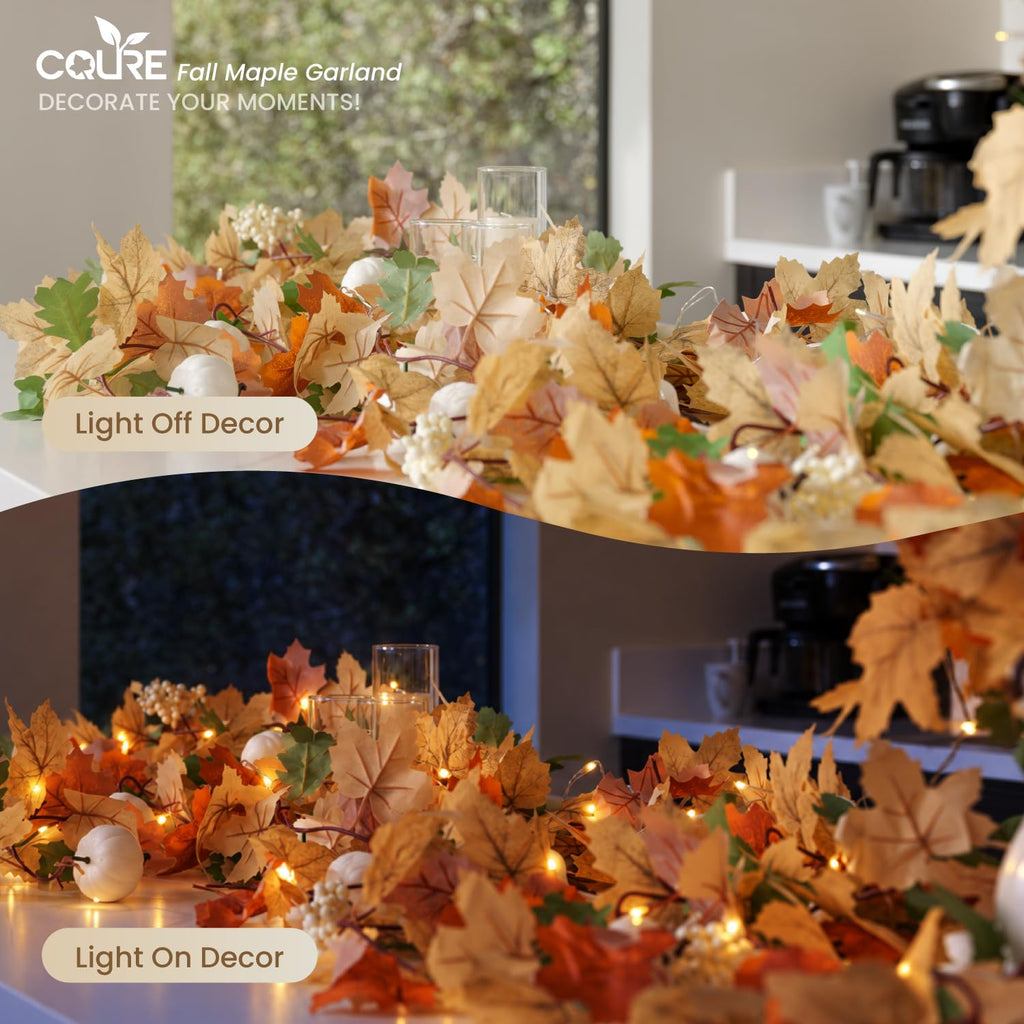 8 Pack Fall Leaf Garland with Lights, Total 47.2Ft Artificial Fall Maple Leaves Autumn Vines Garland with LED Lights
