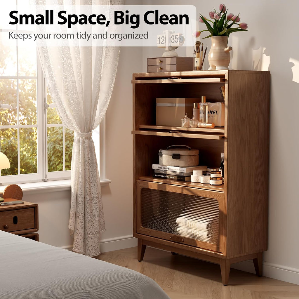 Solid Wood Bookcase with Glass Doors, 3 Shelf Bookshelves and Bookcases, Mid Century Modern Bookshelf with Glass