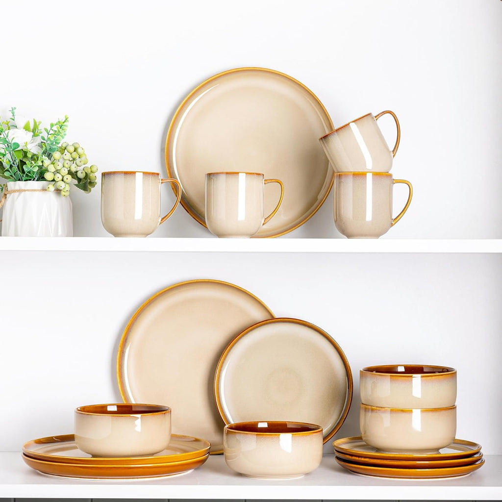 Ceramic Dinnerware Sets for 4,12-Piece Plates and Bowls,Handmade Reactive Glaze Dishes Set,Chip Resistant and Scratch