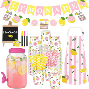 Pink Lemonade Stand Supplies with 1 Gallon Plastic Drink Dispenser - Set of 208