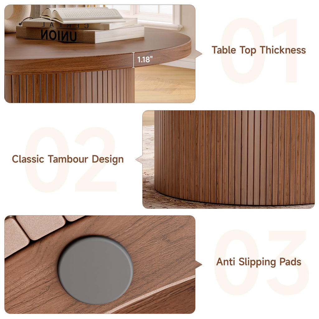31.5" Round Coffee Table, Tambour Design Coffee Tables, Mid Century Modern Wood Coffee Table, Drum Accent Small