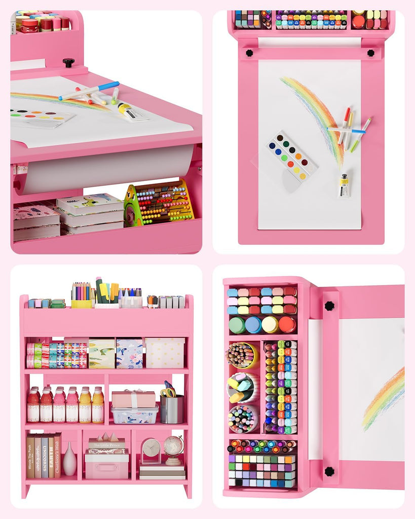 49'' Kids Art Table,Craft Desk with 2 Chairs & Storage Shelves