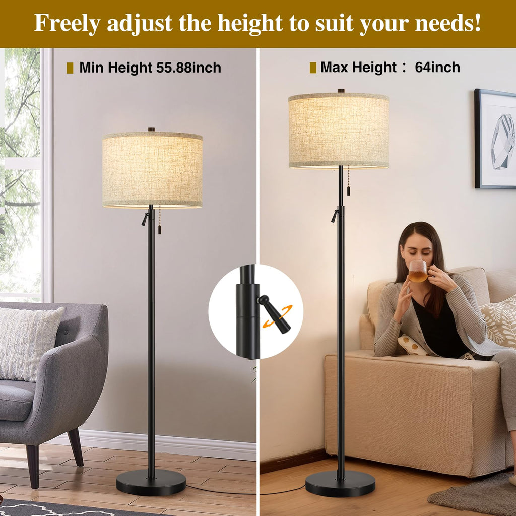 Black Floor Lamp, Height Adjustable Standing Lamp Tall Lamp with Fabric Lampshade&Pull Chain Corner Floor Lamps Bulbs