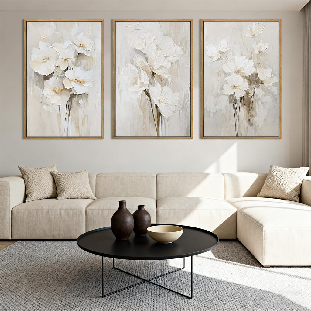 Framed Neutral Beige Floral Wall Art Large 16x24 Inch White Cream Flower Canvas Wall Decor Modern Botanical Farmhouse