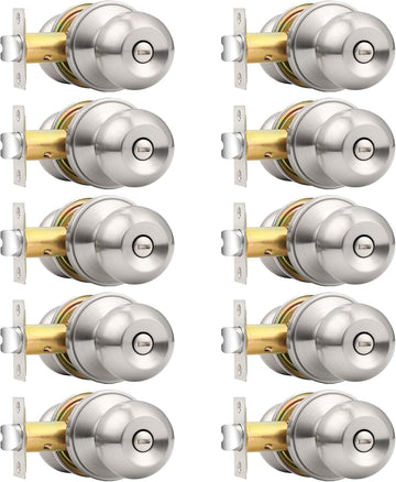Privacy Interior Door Knobs Stainless Steel, Keyless Door Locks Bathroom, Brushed Nickel, 10 Pack